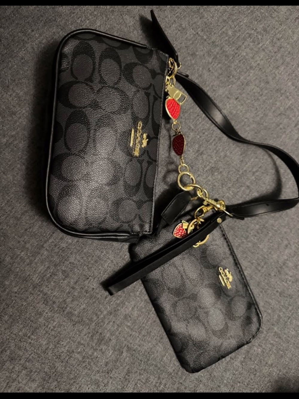 Coach Black Signature Crossbody and Wristlet Set with Red Heart Charms